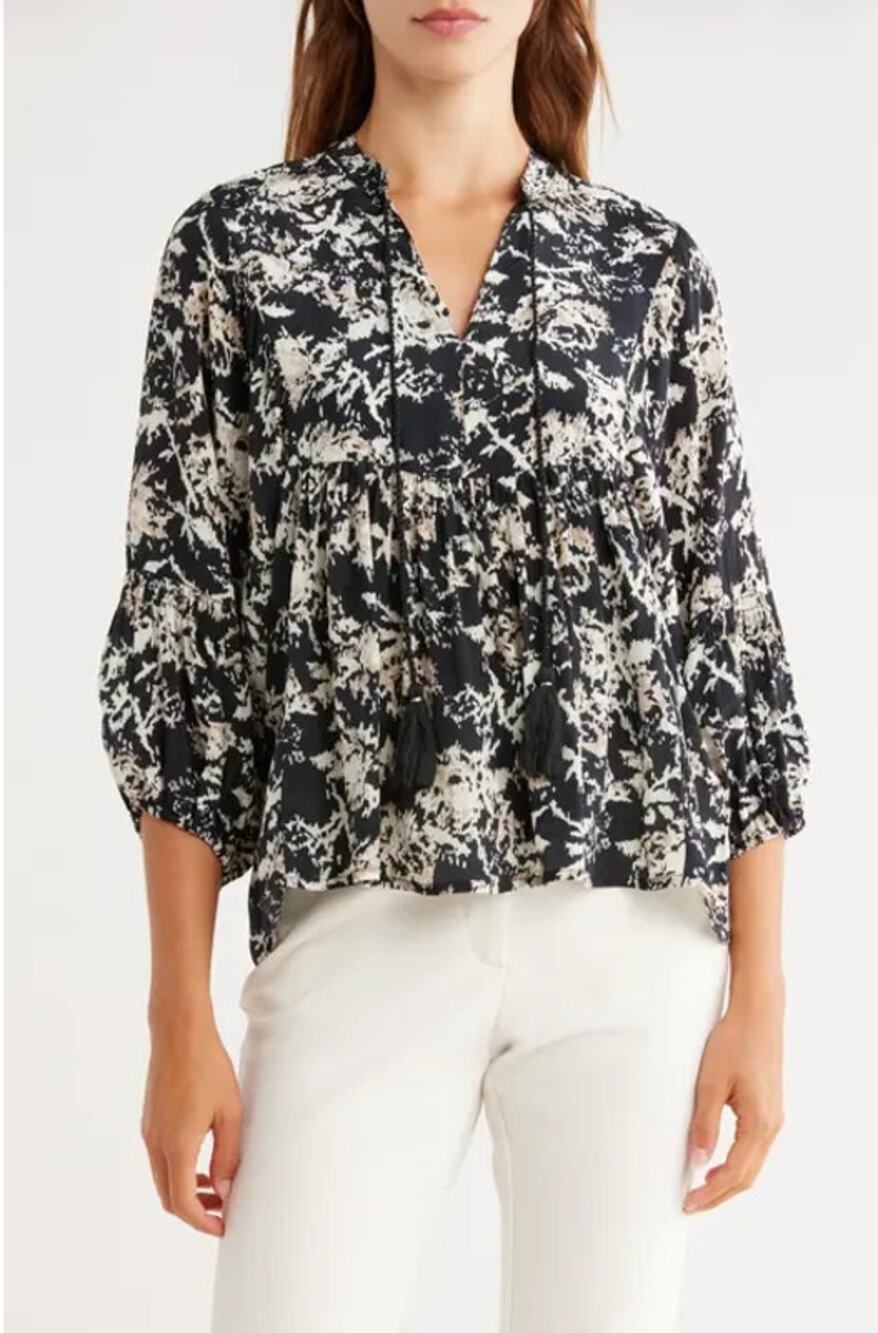 Vanessa Bruno Baltik Blouse Noir Print Size FR 36 US 4 Peasant Blouse V-Neck